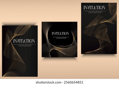 golden waves Luxury invitation square card background set. Premium geometric shape, gold line gradient on dark, Rich design for gala, grand opening, party invitation, layout, templates.