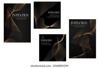 golden waves Luxury invitation square card background set. Premium geometric shape, gold line gradient on dark, Rich design for gala, grand opening, party invitation, layout, templates.