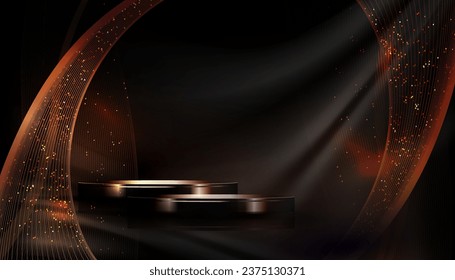 Golden waves with on a black background, round podium isolated.