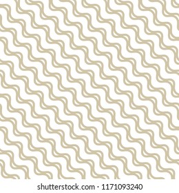 Golden waves seamless pattern. Abstract vector texture with diagonal wavy lines, stripes, curved shapes. Subtle minimal background. White and gold repeat design for decor, prints, wallpapers, wrapping