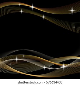 Golden waves and shiny stars on black background. Gold abstract curves