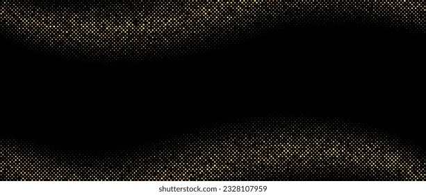 Marco de fondo de degradado de media tonalidad dorado. Brillante textura de brillo cómico. Papel de pared con motivos de chispas punteadas. Plantilla de diseño retro para banner, volante, afiche, presentación. Vector 