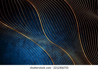 Golden wavy lines and dark blue grunge background. Vector design