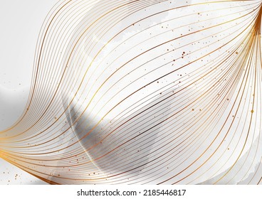 Golden wavy lines and dots on grey grunge blots background. Vector design