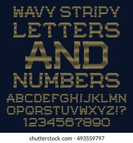 Golden wavy lines letters and numbers. Stripy font. Isolated english alphabet with figures.