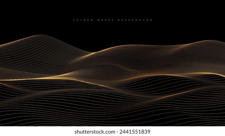 Goldene gewellte Linien auf schwarzem Hintergrund evozieren wellenförmige Landschaft oder Meeresspiegel und kopieren Raum für Ihren Text - Vektor-Illustration