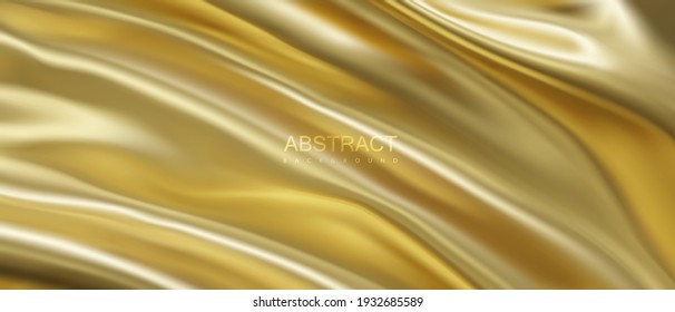 Golden wavy textile. Abstract luxury background. Vector 3d illustration. Rippled gold fabric. Decoration for poster or banner design