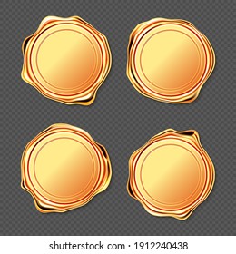 Golden Wax Seal Stamp Approval Sealing. Quality Guarantee Blank Retro Postal Gold Round Labels, Royal Insignia For Letter Or Document Isolated On Transparent Background. Realistic 3d Vector Icons Set