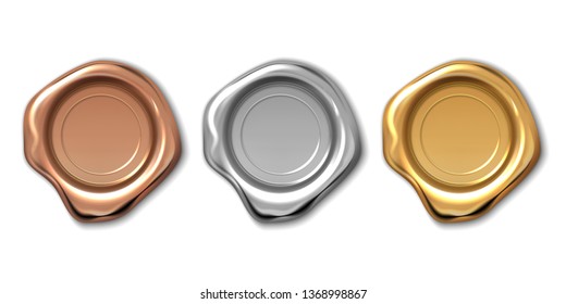 Golden wax stamp. Realistic letter label, 3d royal medieval certificate seal, quality guaranteed logo. Vector candle copper platinum wax seal - Shutterstock ID 1368998867