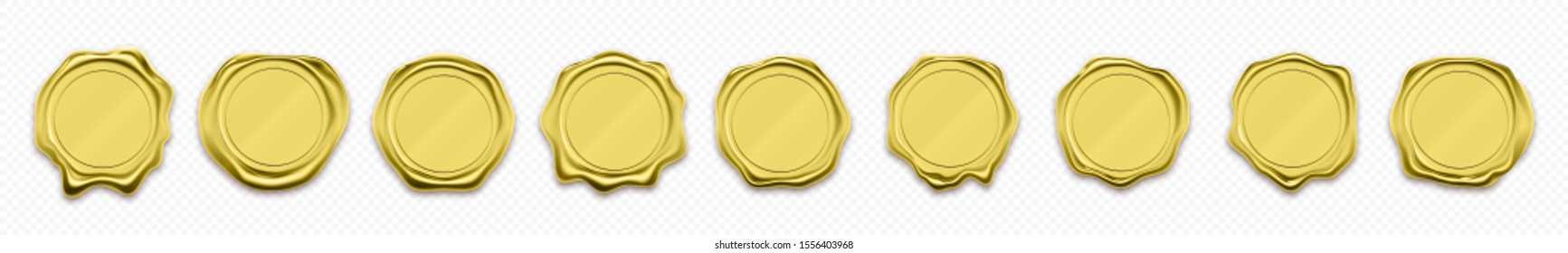 Golden wax stamp, vector icons. Shiny gold stamp seals templates, quality warranty and guarantee certificates, award medals and premium tags, 3D realistic seals