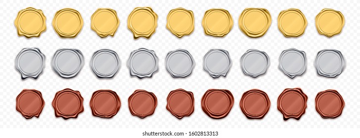 Golden wax stamp, vector icons. Shiny gold stamp seals templates, quality warranty and guarantee certificates, award medals and premium tags, 3D realistic seals