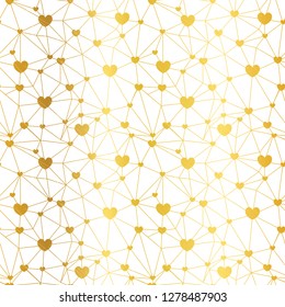 Golden web of hearts seamless repeat pattern. Great for Valentines Day or wedding invitations, cards, backgrounds, gifts, packaging design projects. Surface pattern design.