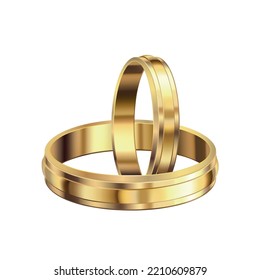 Golden wedding bands rings on white background realistic vector illustration