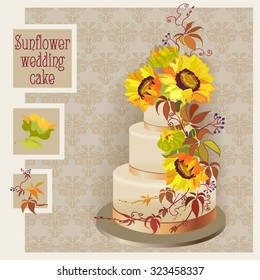 Golden wedding cake design with sunflower and wild grapevine