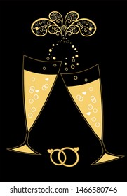 Golden wedding champagne glasses. Wedding elements. For decoration of wedding invitations, cards, celebrations. Convenient for printing.

