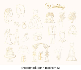 Golden wedding elements. Gold vector isolated bride, groom, dress, hands, floral and other celebration elements for engagement . Hand drawn illustration for marrige ceremony.
