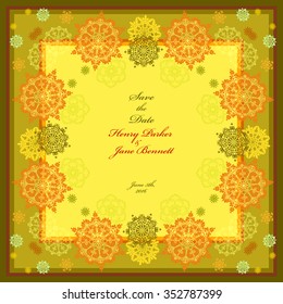 Golden wedding frame with yellow, orange white snowflakes and stars and orange background. Square label text place. Winter snowfall background. Vintage vector illustration.