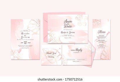 Golden wedding invitation card template suite with floral outline and watercolor brush stroke. Abstract background for save the date, greeting, rsvp, menu, and thank you design