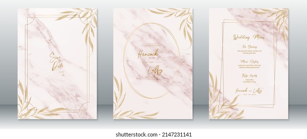 Golden wedding invitation card template luxury design with gold frame and marble texture