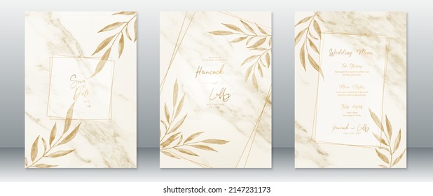 Golden wedding invitation card template luxury design with gold frame and marble texture