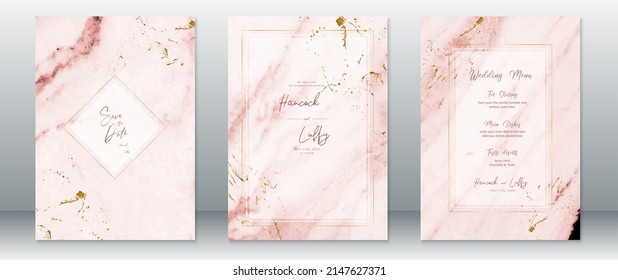 Golden wedding invitation card template luxury design with gold frame and marble texture pink background