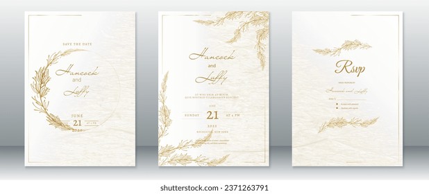 Golden wedding invitation card template luxury design with gold leaf wreath frame and watercolor background