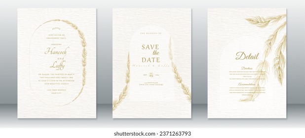 Golden wedding invitation card template luxury design with gold leaf wreath frame and watercolor background