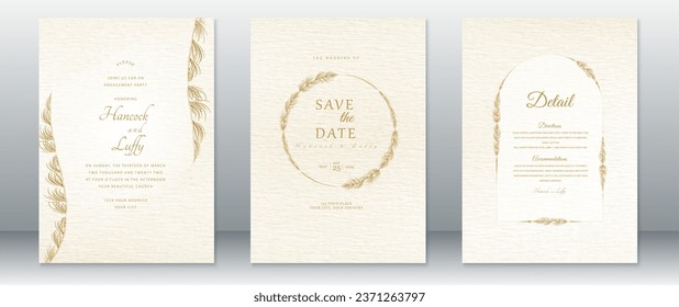 Plantilla de tarjeta de invitación a bodas doradas diseño de lujo con marco de corona de hoja dorada y fondo de acuarela