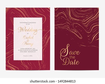 Golden wedding invitation cards template. Trendy red abstract fluid decoration background for greeting card, poster, or multi-purpose use. Luxury gold cards template vector