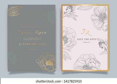 Golden Wedding Invitation, floral invite thank you, rsvp modern card Design in white rose with Peony and leaf greenery  branches decorative Vector elegant rustic template