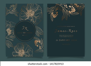 Golden Wedding Invitation, floral invite thank you, rsvp modern card Design in white rose with Peony and leaf greenery  branches decorative Vector elegant rustic template