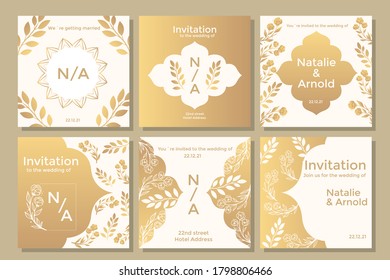 Golden wedding invitation social media posts. Vector illustration.