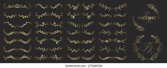 Golden Wedding logo creator vector set. Hand Drawn Wreaths and Frames, floral and leaves, swirls, frames, wreaths and text divided for wedding invitation and greeting cards. 