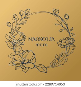 Boda de oro o plantilla de invitación de fiesta con marco de tierra con flores de magnolia. Guarde la plantilla de tarjeta Date con diseño botánico.