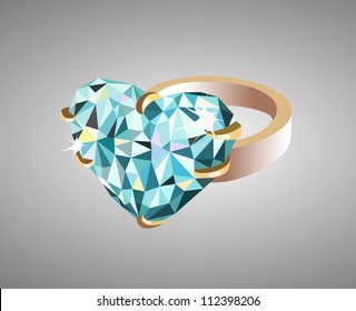 Golden wedding ring adorned with a blue heart-shaped precions stone. Vector illustration.
