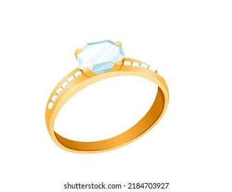 Golden Wedding Ring With Big Diamond And Luxury Gems Vector Illustration Isolated On White Background