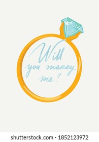 Anillo de bodas dorado con palabras de proposición ¿Te casarás conmigo y con un gran diamante para la ilustración vectorial de moda de tarjetas, sitios web y publicidad?