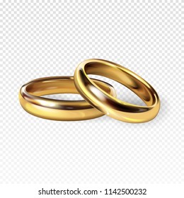Golden wedding rings 3d realistic vector illustration for engagememtn, Save the Dage and marriage greeting and invitation card design template. Isolated on white background