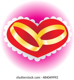 Golden wedding rings in big red heart on background. Vector illustration