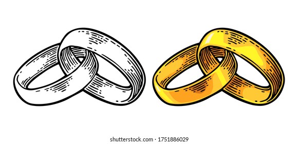 Anillos de boda dorados. Mano dibujada en un estilo gráfico. Color vintage e ilustración de grabado de vectores negros para infografía, afiche, web. Aislado sobre fondo blanco