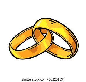 Golden wedding rings. Hand drawn in a graphic style. Vintage color vector flat illustration for info graphic, poster, web. Isolated on white background