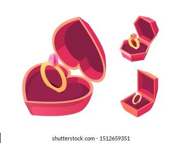 Golden wedding rings in luxury boxes set. Gold jewelry decorated precious gemstones, lying on soft velvet pillow in red case heart, square, pentagon shape isolated, isometric vector illustrations