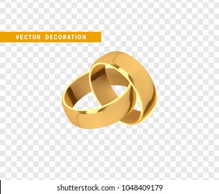 Golden wedding rings, realistic design isolated on transparent background.