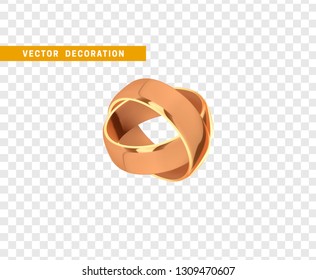 Golden wedding rings, realistic design isolated on transparent background.