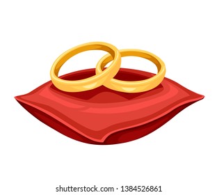 Golden weddings rings on red velvet pillow. Golden jewelry. Flat vector illustration isolated on white background.