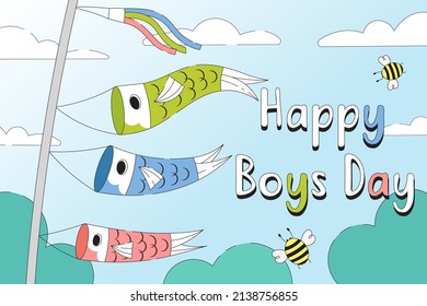 Golden week banner design with koi carp fish streamers. Japanese koinobori, for happy boys day.  Vector cute cartoon illustration.