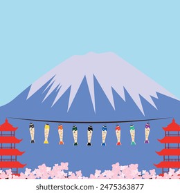 Ilustración vectorial de tarjetas de felicitación de la Semana Dorada. Koinobori, sakura y montaña Fuji en el fondo de patrón tradicional japonés. 