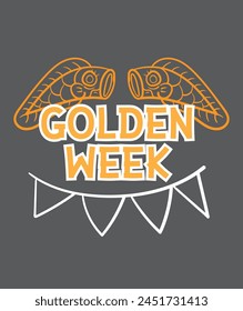 Golden week Japan Banner illustration. Koinobori (Carp streamers) on yellow rhombic pattern. In Japanese it is written Golden week holiday