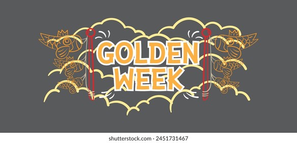 Golden week Japan Banner illustration. Koinobori (Carp streamers) on yellow rhombic pattern. In Japanese it is written Golden week holiday