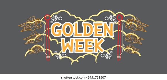 Golden week Japan Banner illustration. Koinobori (Carp streamers) on yellow rhombic pattern. In Japanese it is written Golden week holiday